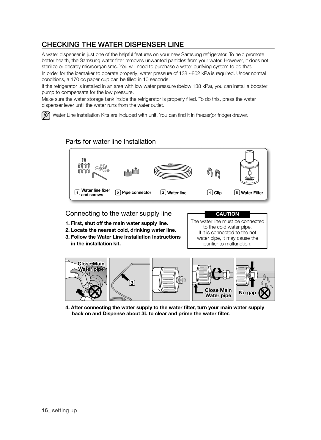 Samsung RSG5PURS1/EUR, RSG5FURS1/EUR, RSG5FUBP1/EUR Parts for water line Installation, Connecting to the water supply line 