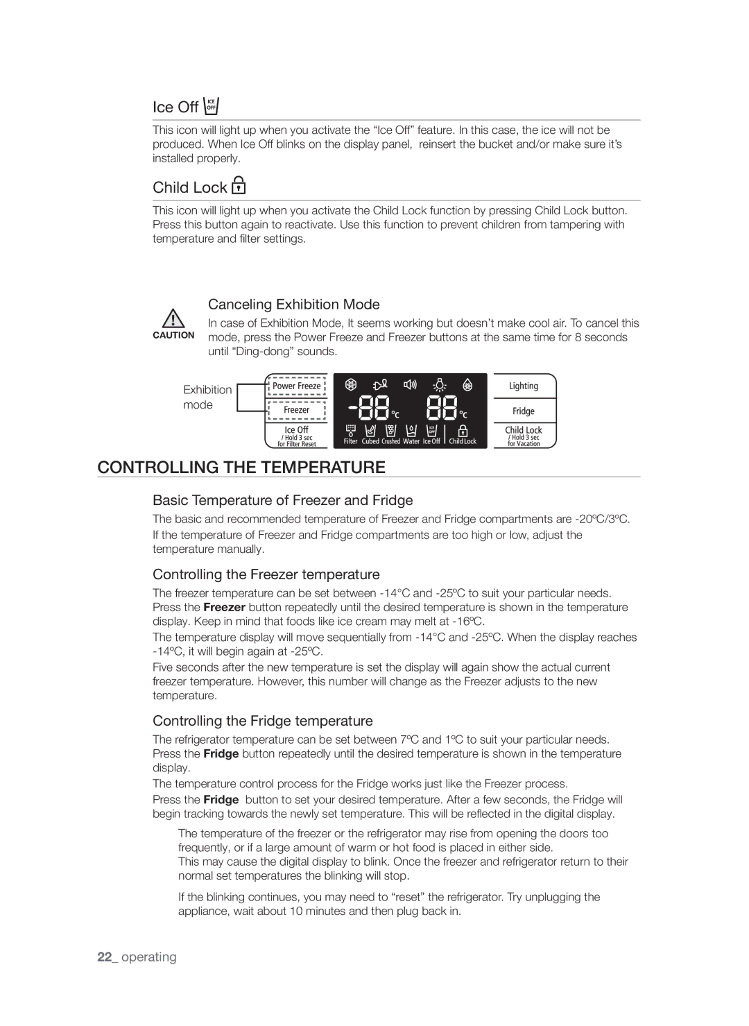 Samsung RSG5DUMH1/EUR, RSG5PURS1/EUR, RSG5FURS1/EUR, RSG5FUBP1/EUR manual Controlling the temperature, Ice Off, Child Lock 