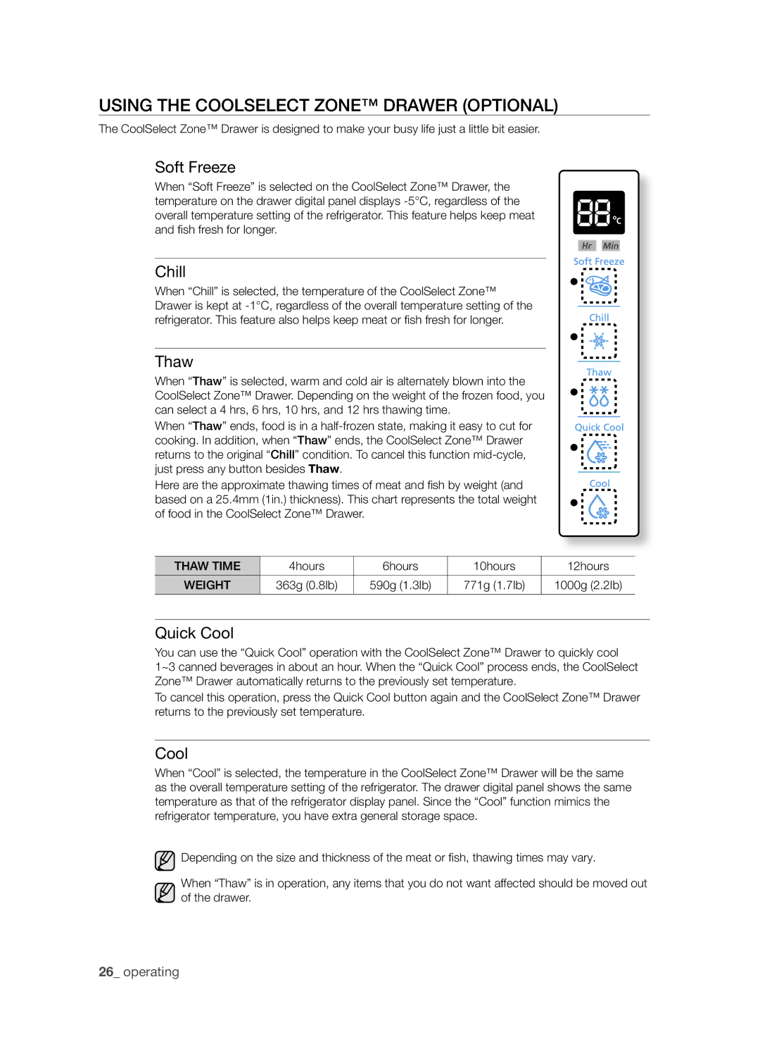 Samsung RSG5FUBP1/EUR, RSG5PURS1/EUR, RSG5FURS1/EUR, RSG5FURS1/BWT, RSG5PURS1/XEO Using the CoolSelect Zone Drawer Optional 