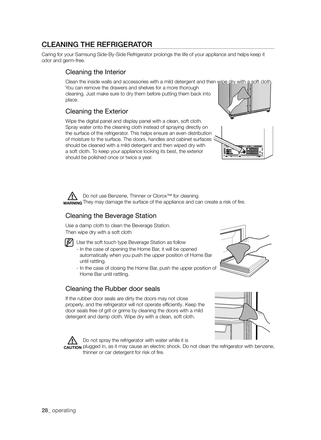 Samsung RSG5PURS1/XEO, RSG5PURS1/EUR, RSG5FURS1/EUR Cleaning the refrigerator, Cleaning the Interior, Cleaning the Exterior 