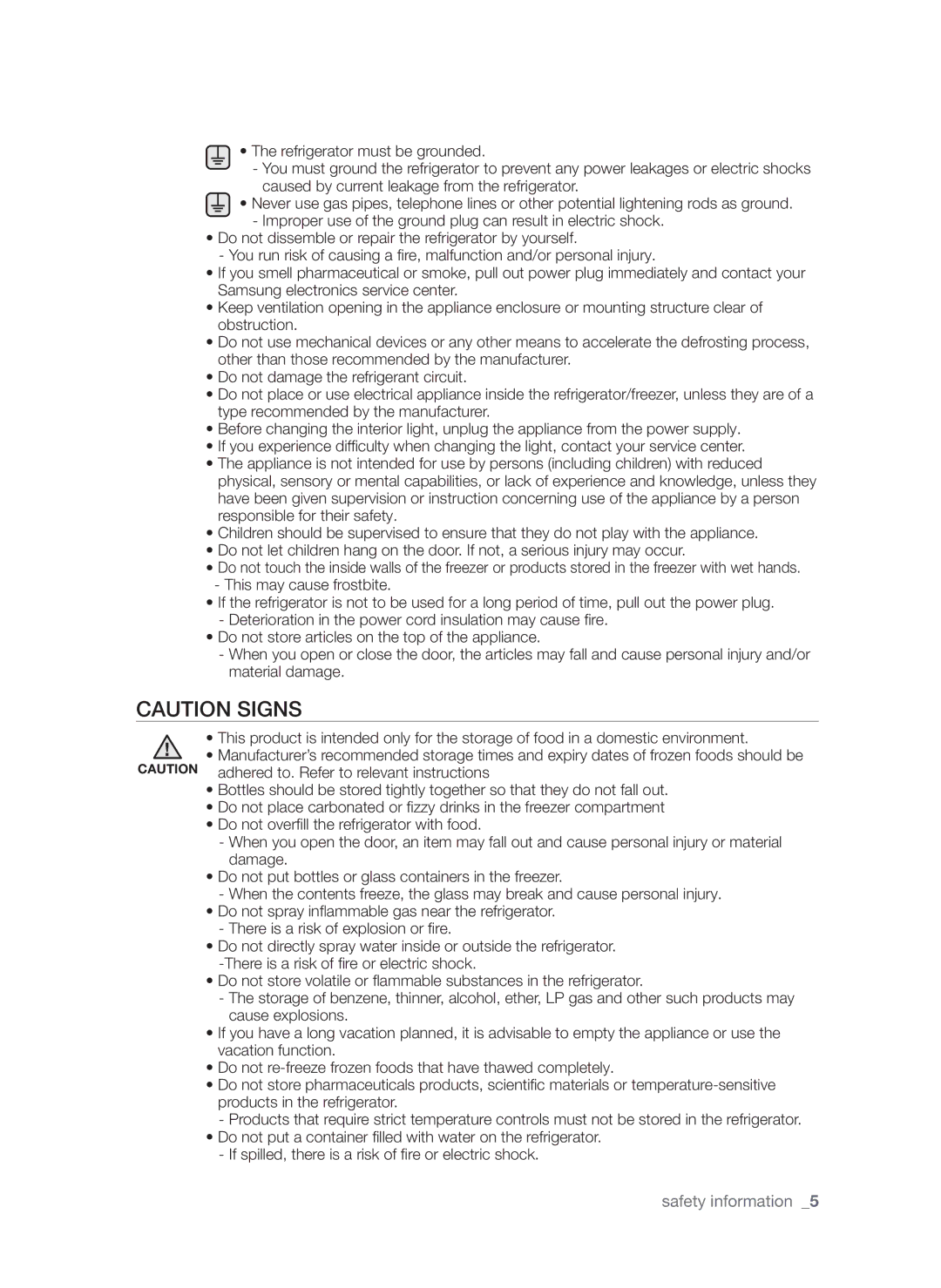 Samsung RSG5FURS1/XEO, RSG5PURS1/EUR, RSG5FURS1/EUR, RSG5FUBP1/EUR, RSG5FURS1/BWT, RSG5PURS1/XEO manual Safety information 