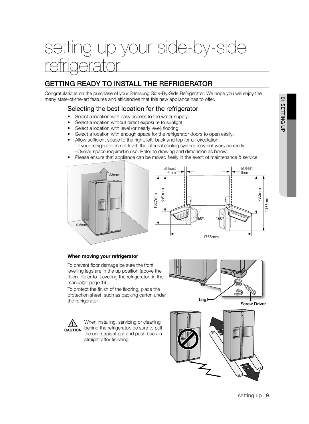 Samsung RSG5FURS1/EUR, RSG5PURS1/EUR Setting up your side-by-side refrigerator, Getting ready to install the refrigerator 