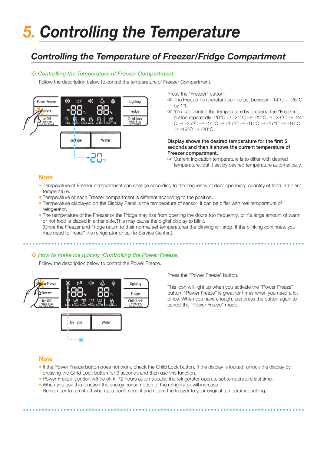 Samsung RSG5FURS1/XEO, RSG5PURS1/EUR, RSG5FURS1/EUR manual Controlling the Temperature of Freezer/Fridge Compartment 