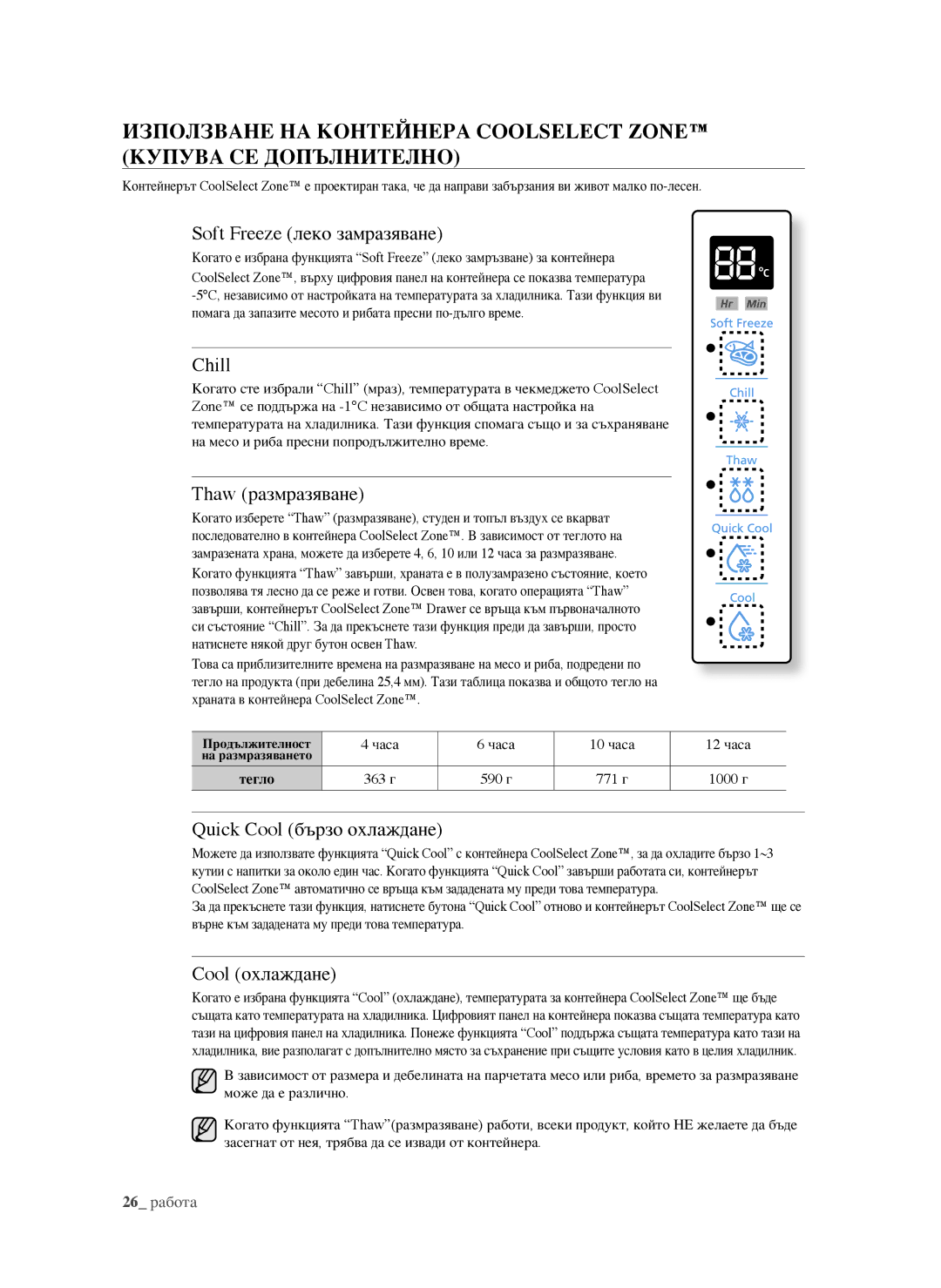 Samsung RSG5FUBP1/EUR Soft Freeze леко замразяване, Chill, Thaw размразяване, Quick Cool бързо охлаждане, Cool охлаждане 