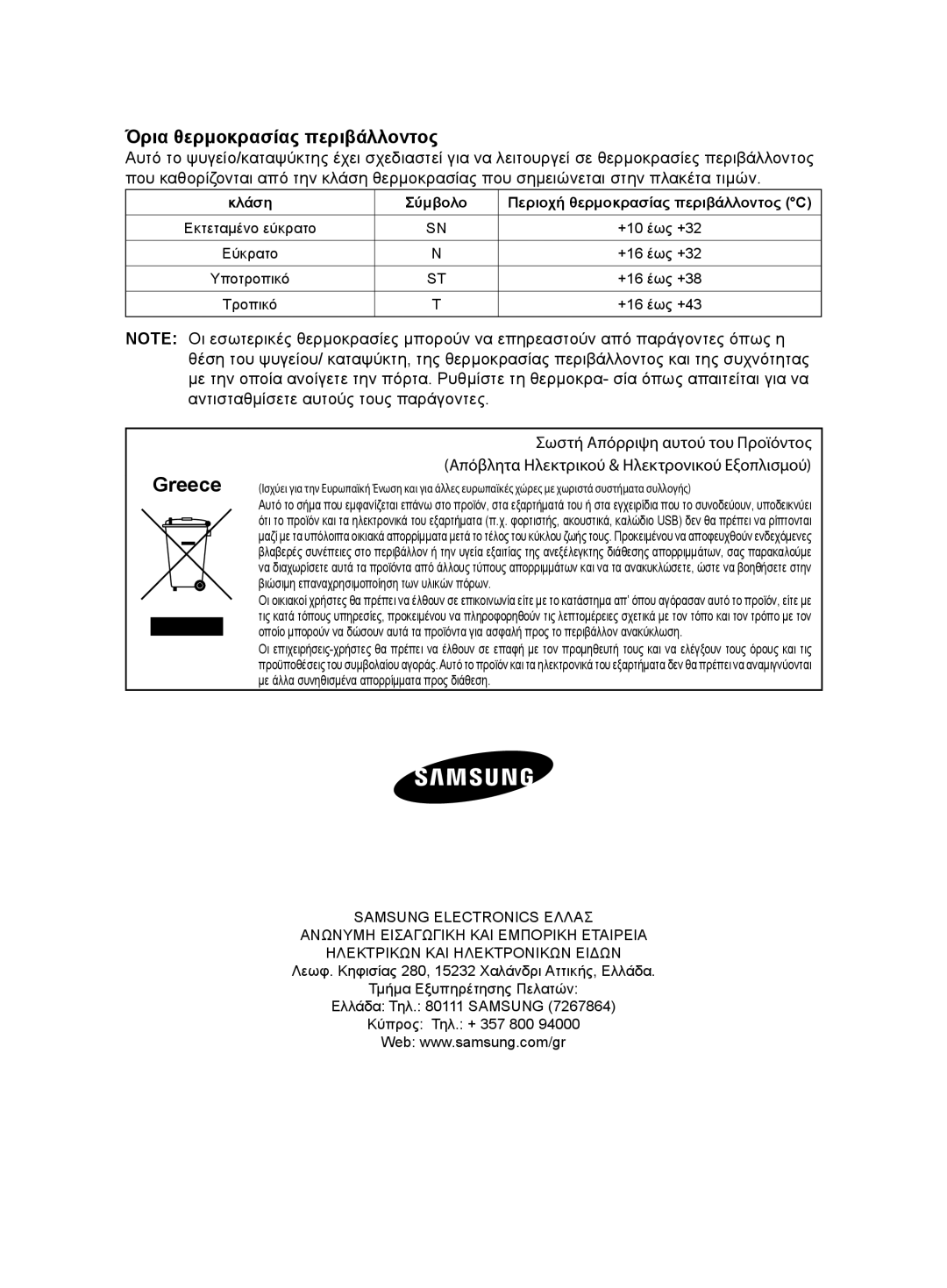 Samsung RSG5PURS1/EUR, RSG5FURS1/EUR, RSG5PURS1/XEO Όρια θερμοκρασίας περιβάλλοντος, Greece, Εκτεταμένο εύκρατο, Εύκρατο 