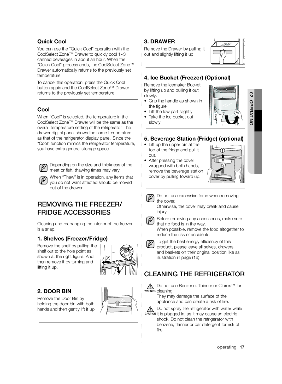 Samsung RSG5FURS1/EUR, RSG5PURS1/EUR Removing the FREEZER/ Fridge Accessories, Cleaning the Refrigerator, Door BIN, Drawer 