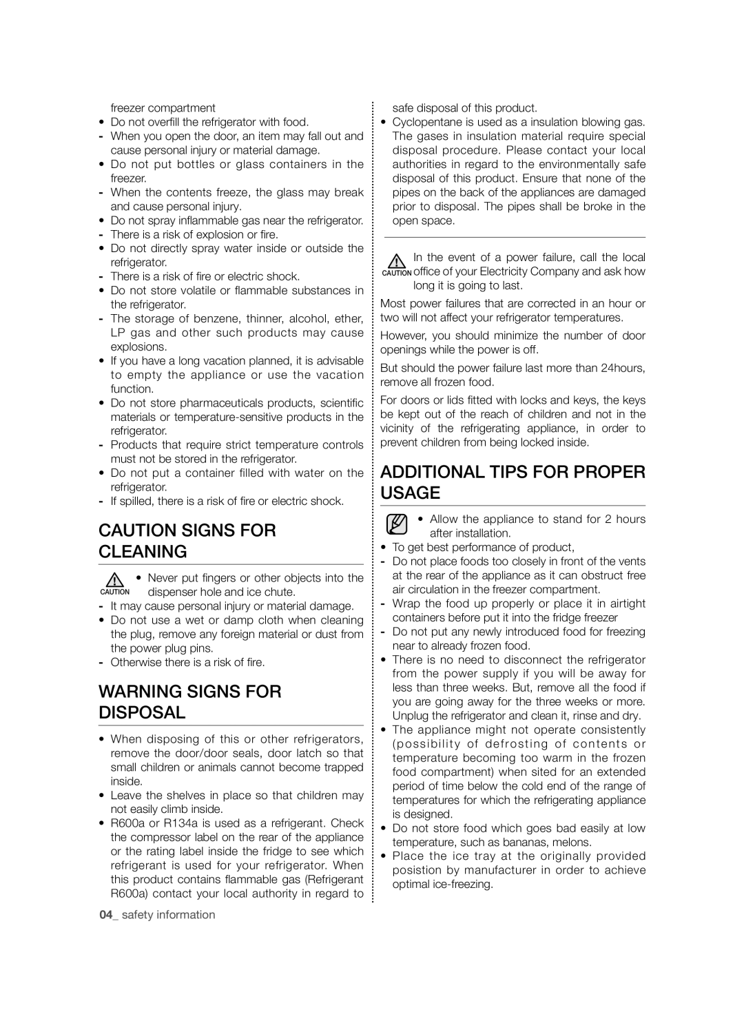 Samsung RSG5PURS1/EUR, RSG5FURS1/EUR, RSG5PURS1/XEO, RSG5FURS1/XEO manual Cleaning, Disposal, Additional Tips for Proper Usage 