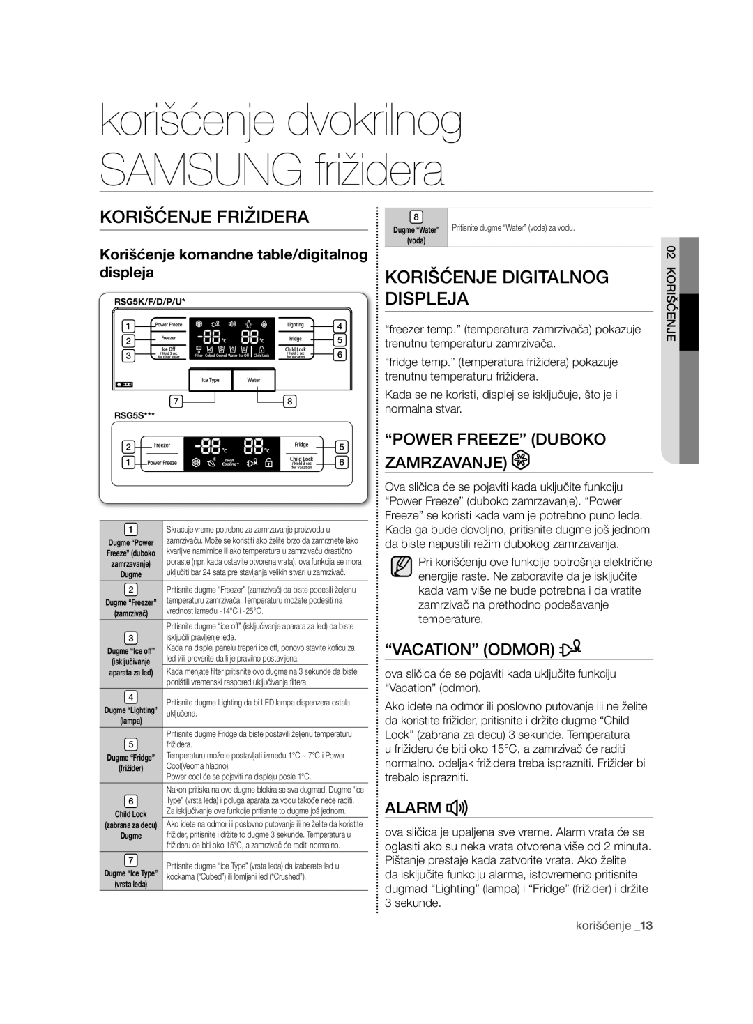 Samsung RSG5FURS1/EUR, RSG5PURS1/EUR Korišćenje Frižidera, Korišćenje Digitalnog Displeja, Power Freeze Duboko Zamrzavanje 