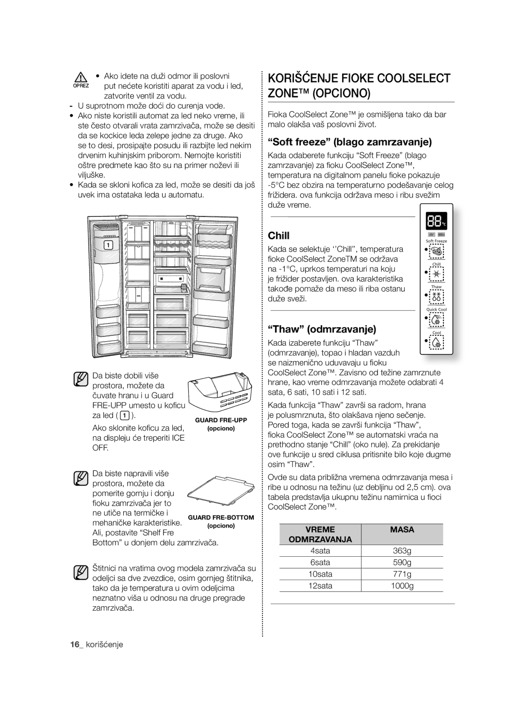 Samsung RSG5PURS1/EUR manual Korišćenje Fioke Coolselect Zone Opciono, Soft freeze blago zamrzavanje, Thaw odmrzavanje 