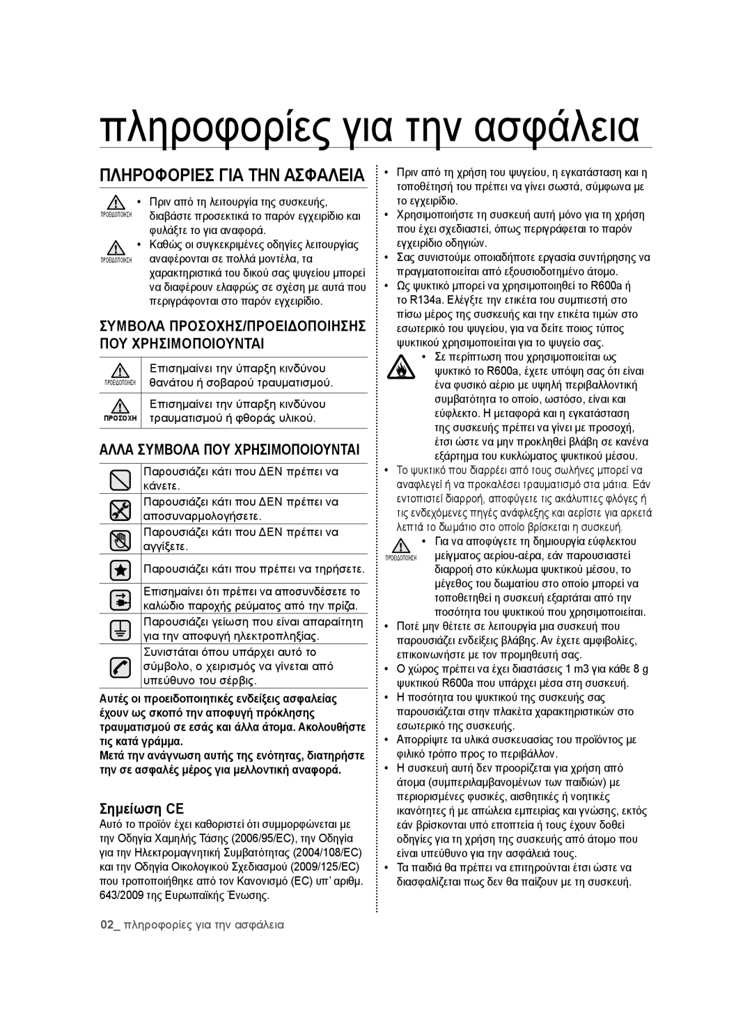 Samsung RSG5PURS1/XEO, RSG5PURS1/EUR, RSG5FURS1/EUR, RSG5FURS1/XEO manual Σημείωση CE, 02 πληροφορίες για την ασφάλεια 