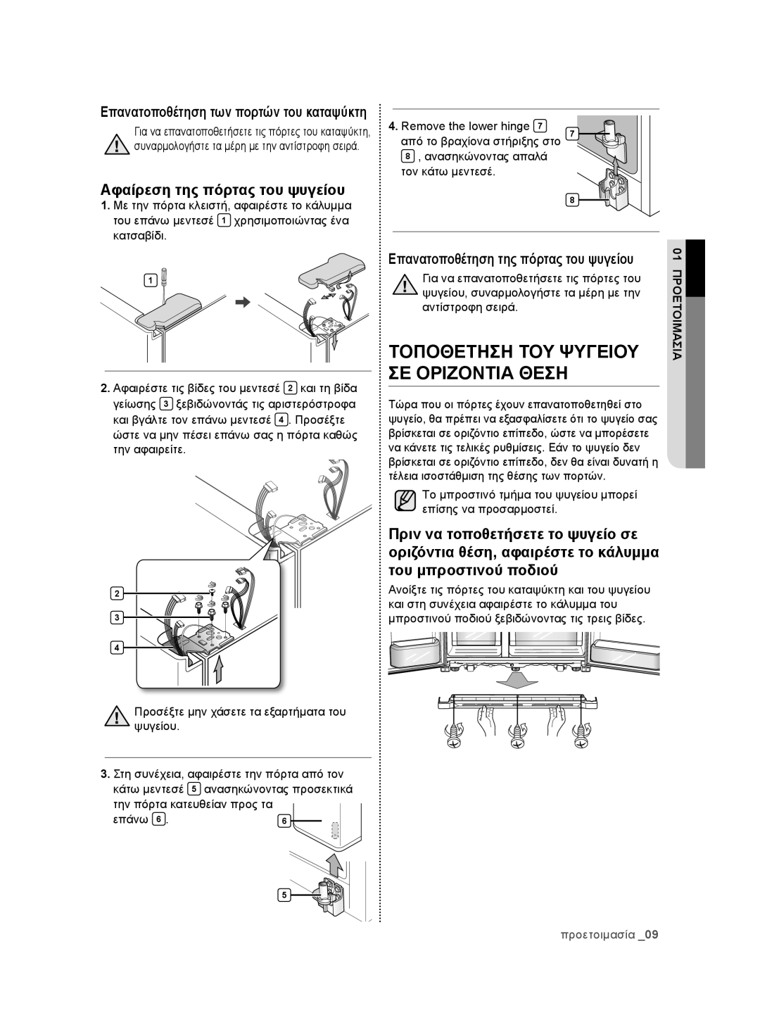 Samsung RSG5FURS1/EUR manual Αφαίρεση της πόρτας του ψυγείου, Tο μπροστινό τμήμα του ψυγείου μπορεί επίσης να προσαρμοστεί 