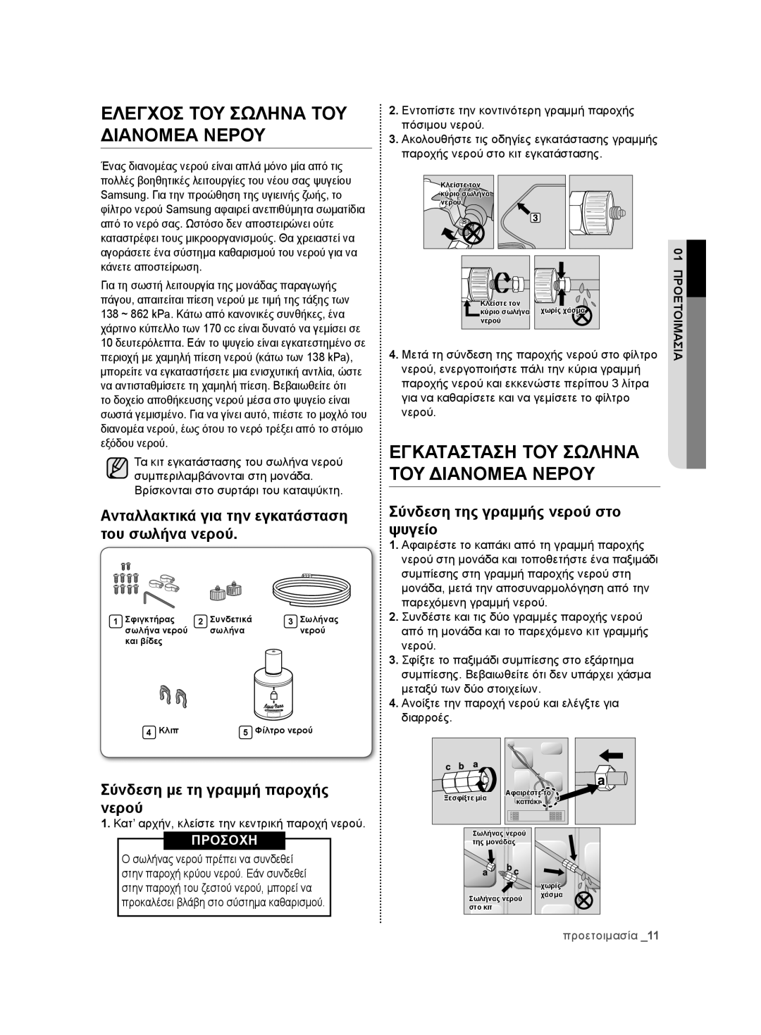 Samsung RSG5FURS1/XEO manual Ελεγχοσ ΤΟΥ Σωληνα ΤΟΥ Διανομεα Νερου, Ανταλλακτικά για την εγκατάσταση του σωλήνα νερού 