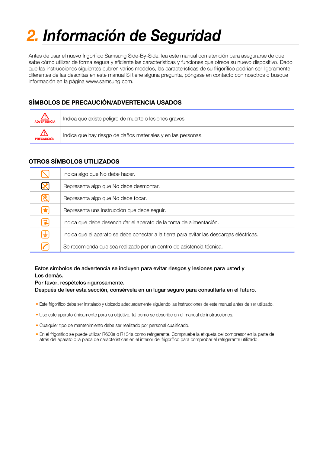 Samsung RSG5UURS1/XES, RSG5PURS1/XEF, RSG5PURS1/XES Información de Seguridad, Símbolos DE PRECAUCIÓN/ADVERTENCIA Usados 