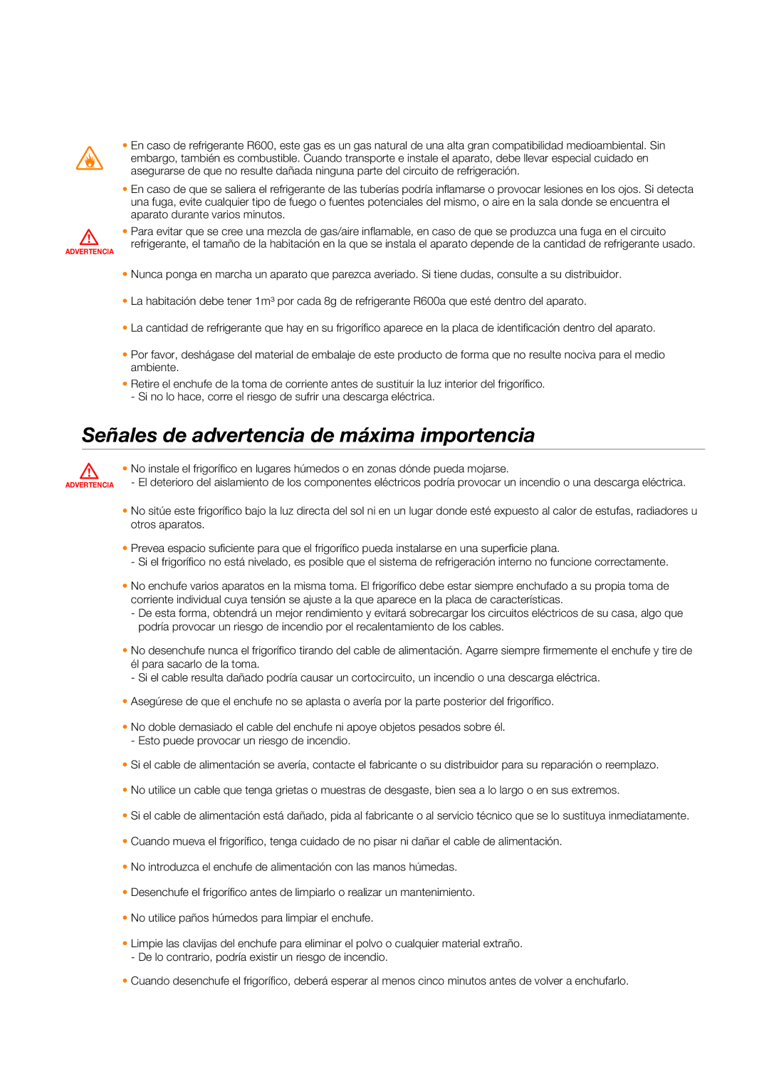 Samsung RSG5DURS1/XES, RSG5PURS1/XEF, RSG5PURS1/XES, RSG5FURS1/XEP manual Señales de advertencia de máxima importencia 