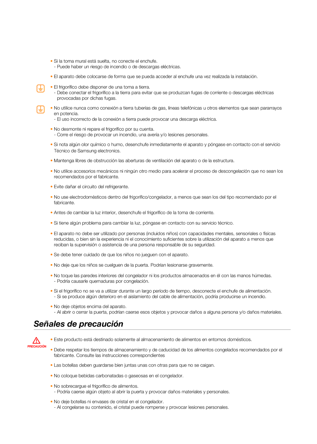 Samsung RSG5PURS1/XEF, RSG5PURS1/XES, RSG5FURS1/XEP, RSG5UURS1/XES, RSG5DURS1/XES manual Señales de precaución 