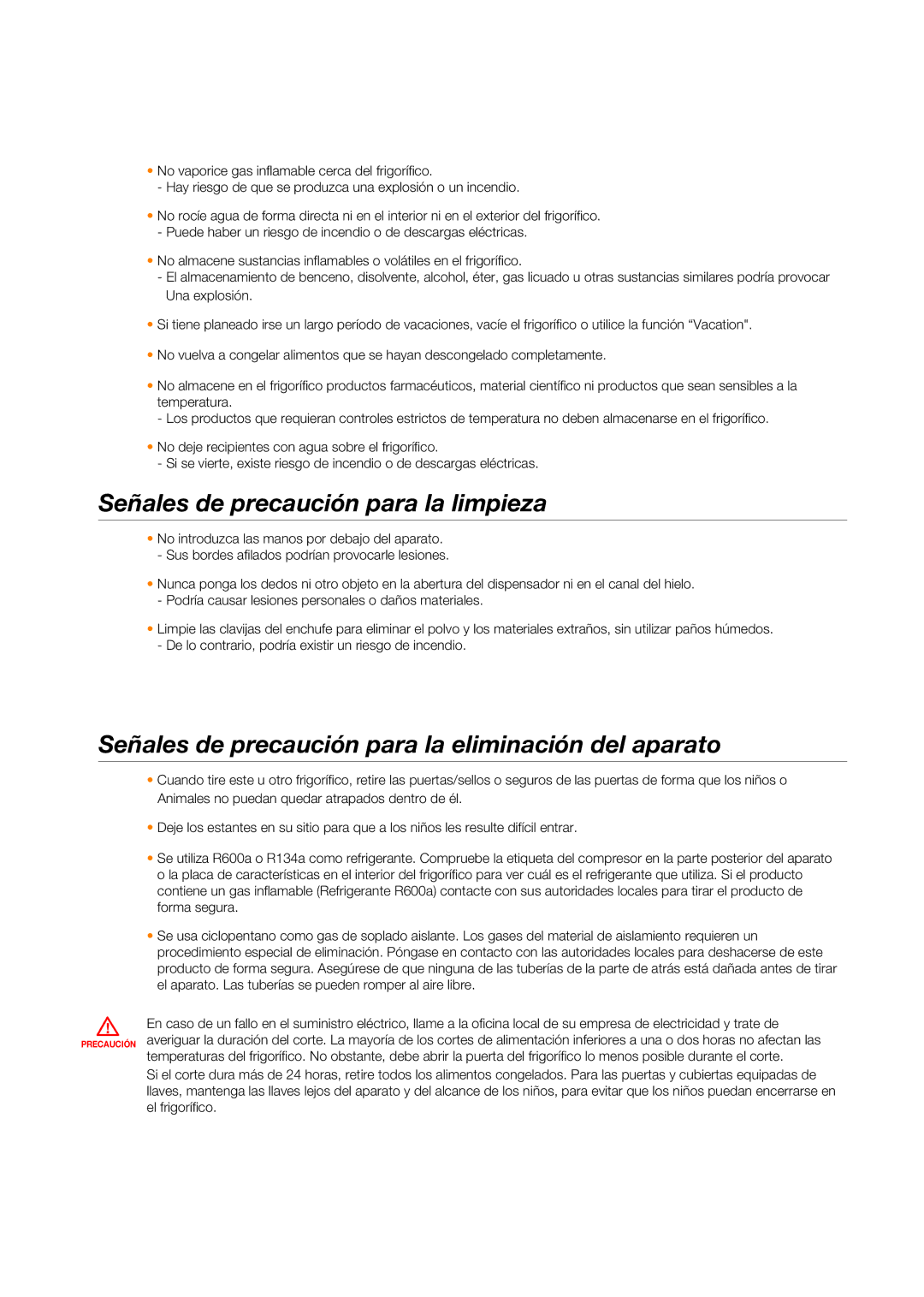 Samsung RSG5PURS1/XES manual Señales de precaución para la limpieza, Señales de precaución para la eliminación del aparato 