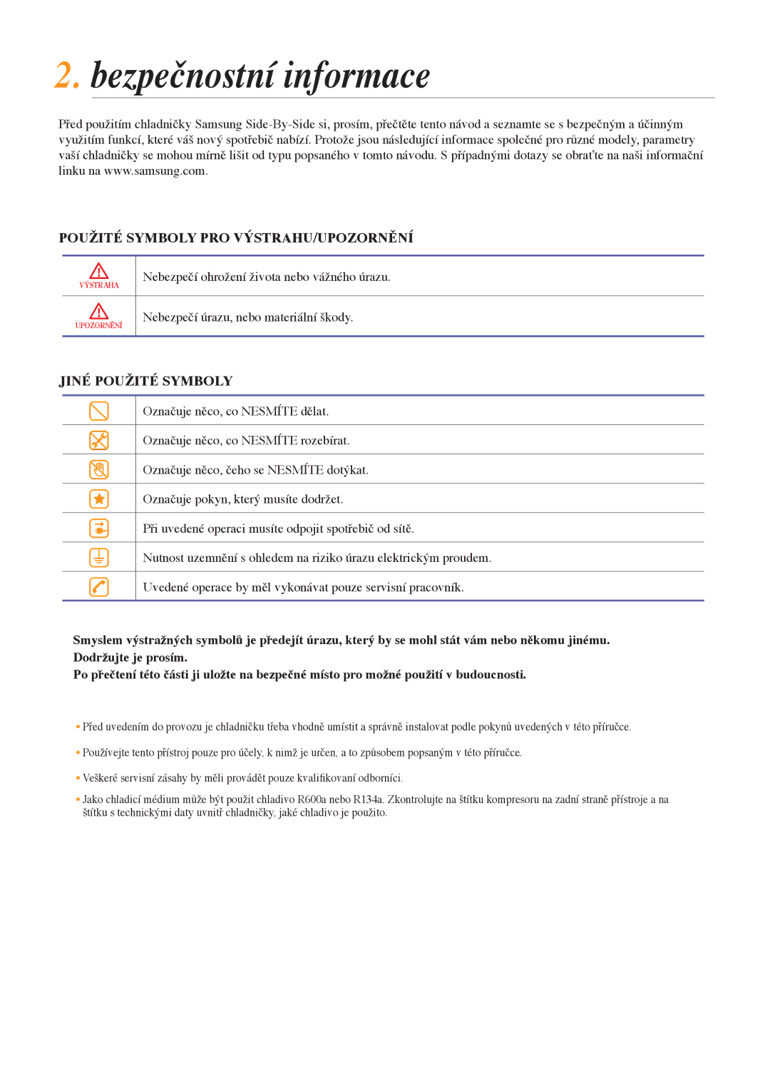 Samsung RSG5FURS1/XEO, RSG5PURS1/XEO manual Bezpečnostní informace, Použité Symboly PRO VÝSTRAHU/UPOZORNĚNÍ 