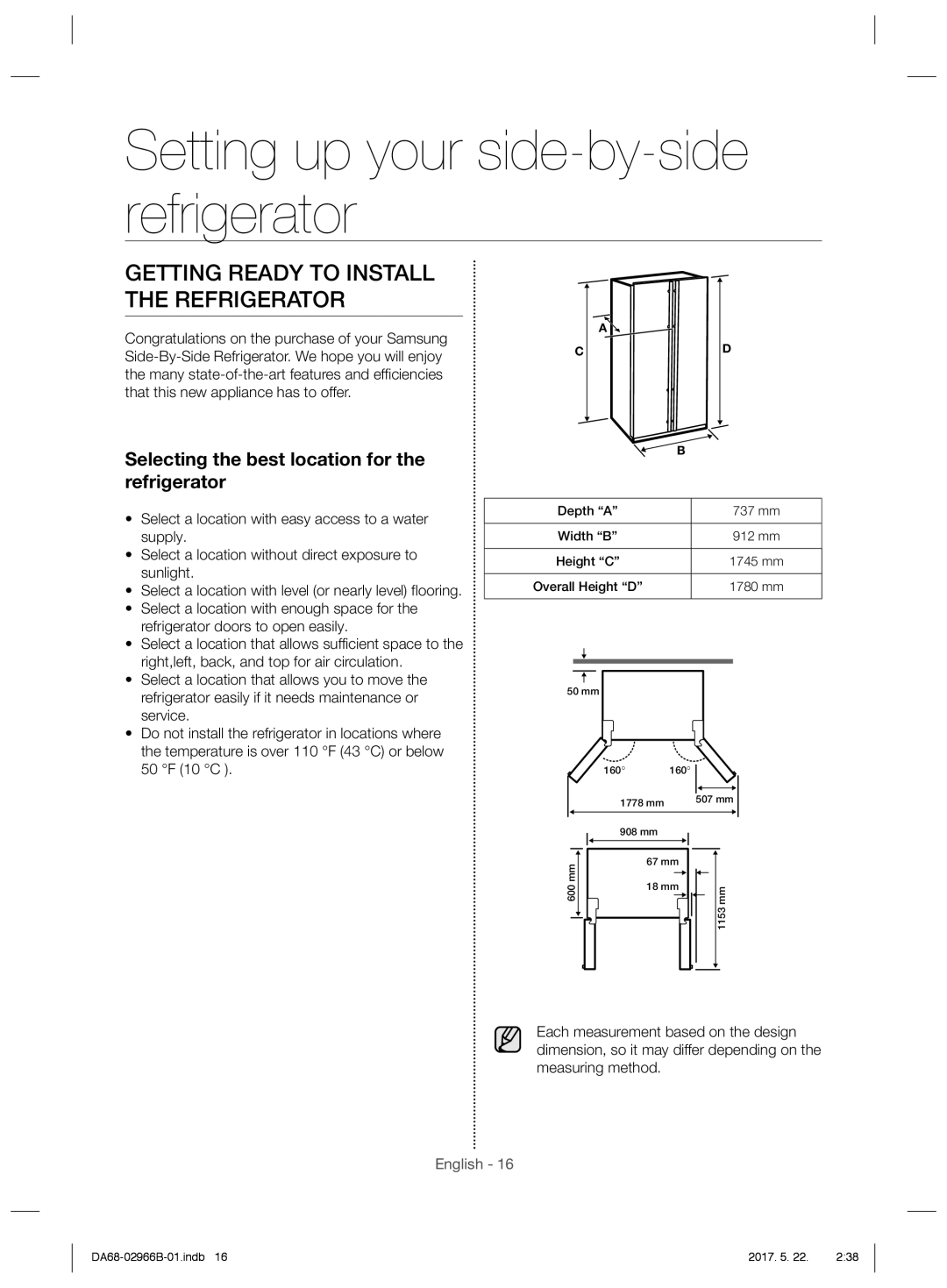 Samsung RSG5PUSL1/SML manual Setting up your side-by-side refrigerator, Getting Ready to Install the Refrigerator 