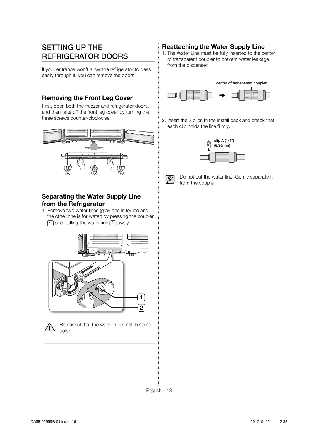 Samsung RSG5PUSL1/SML manual Removing the Front Leg Cover, Separating the Water Supply Line from the Refrigerator 