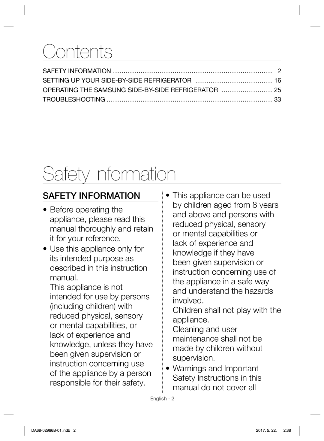 Samsung RSG5PUSL1/SML manual Contents, Safety information 