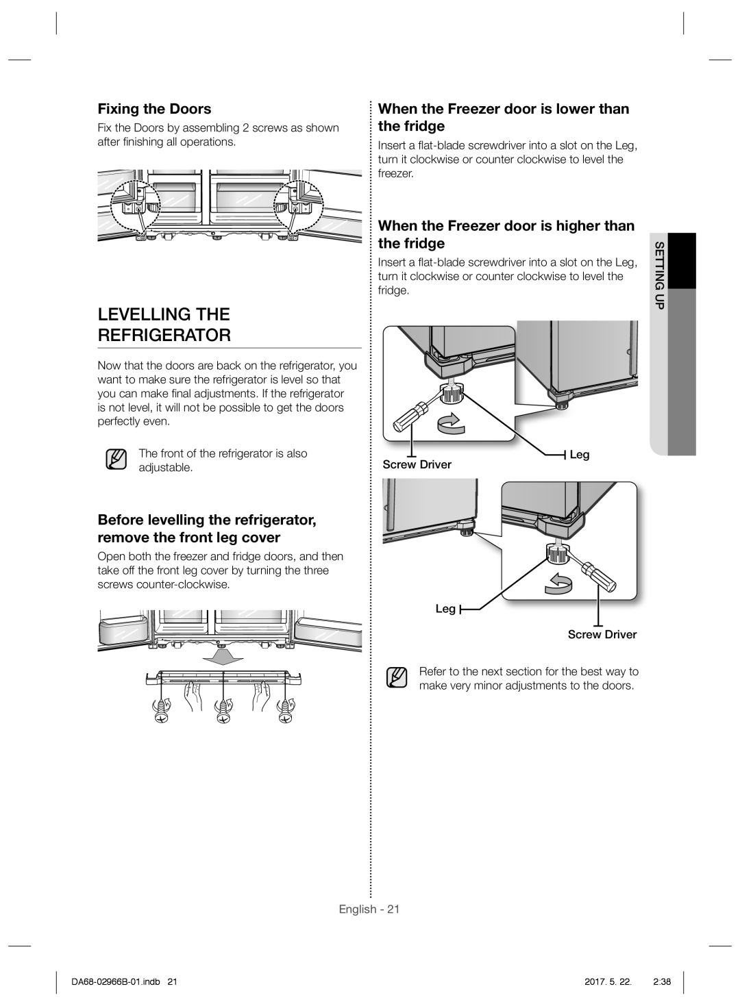 Samsung RSG5PUSL1/SML Levelling Refrigerator, Fixing the Doors, Fridge, When the Freezer door is higher than the fridge 