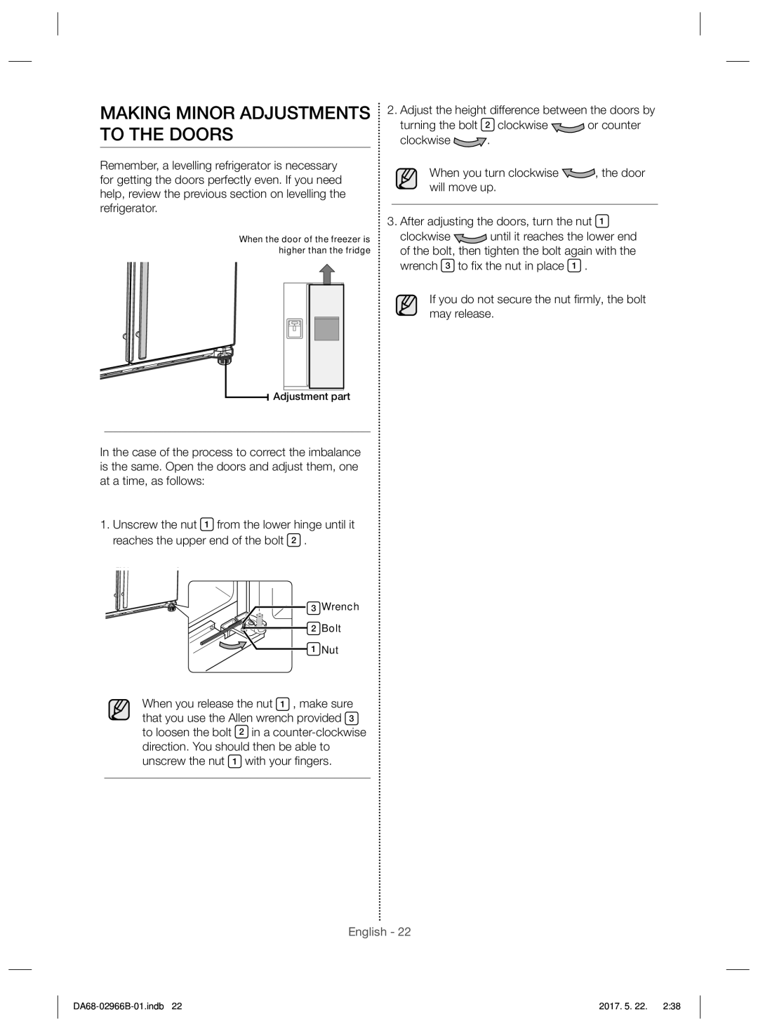 Samsung RSG5PUSL1/SML manual Making Minor Adjustments to the Doors 