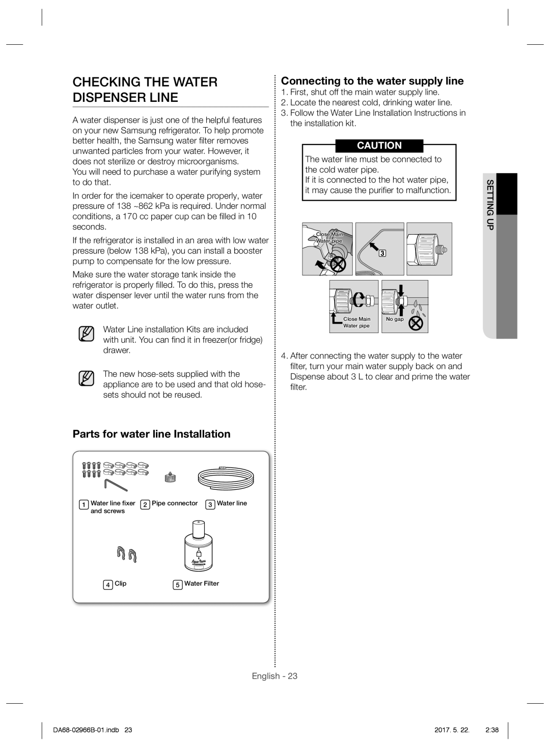 Samsung RSG5PUSL1/SML manual Checking the Water Dispenser Line, Parts for water line Installation 