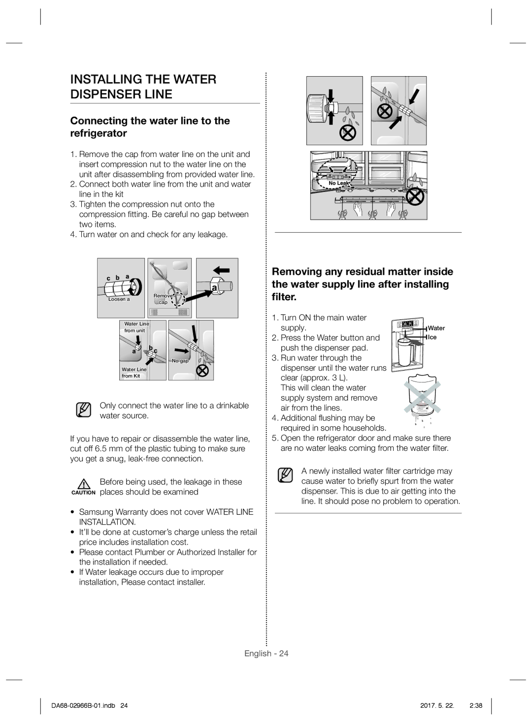 Samsung RSG5PUSL1/SML manual Installing the Water Dispenser Line, Connecting the water line to the refrigerator, Supply 