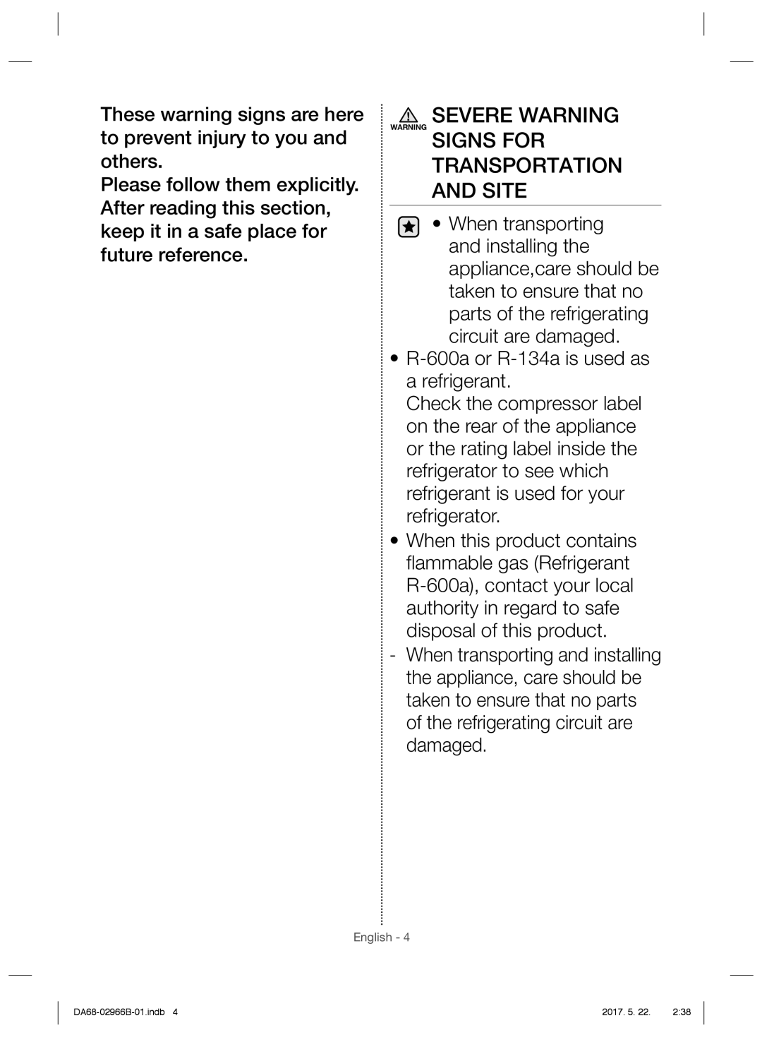 Samsung RSG5PUSL1/SML manual Severe Warning Signs for Transportation Site 