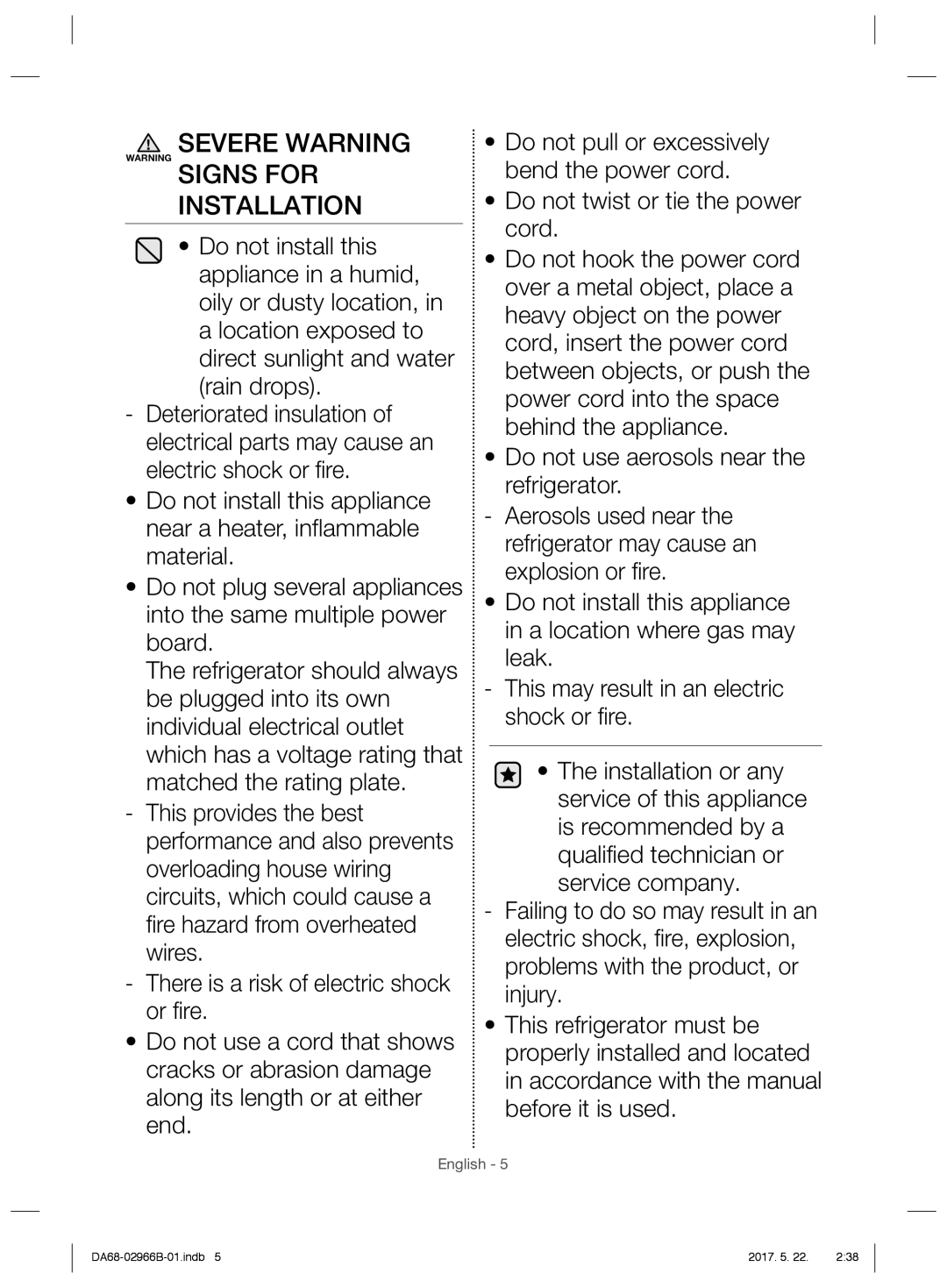 Samsung RSG5PUSL1/SML manual Severe Warning Signs for Installation 