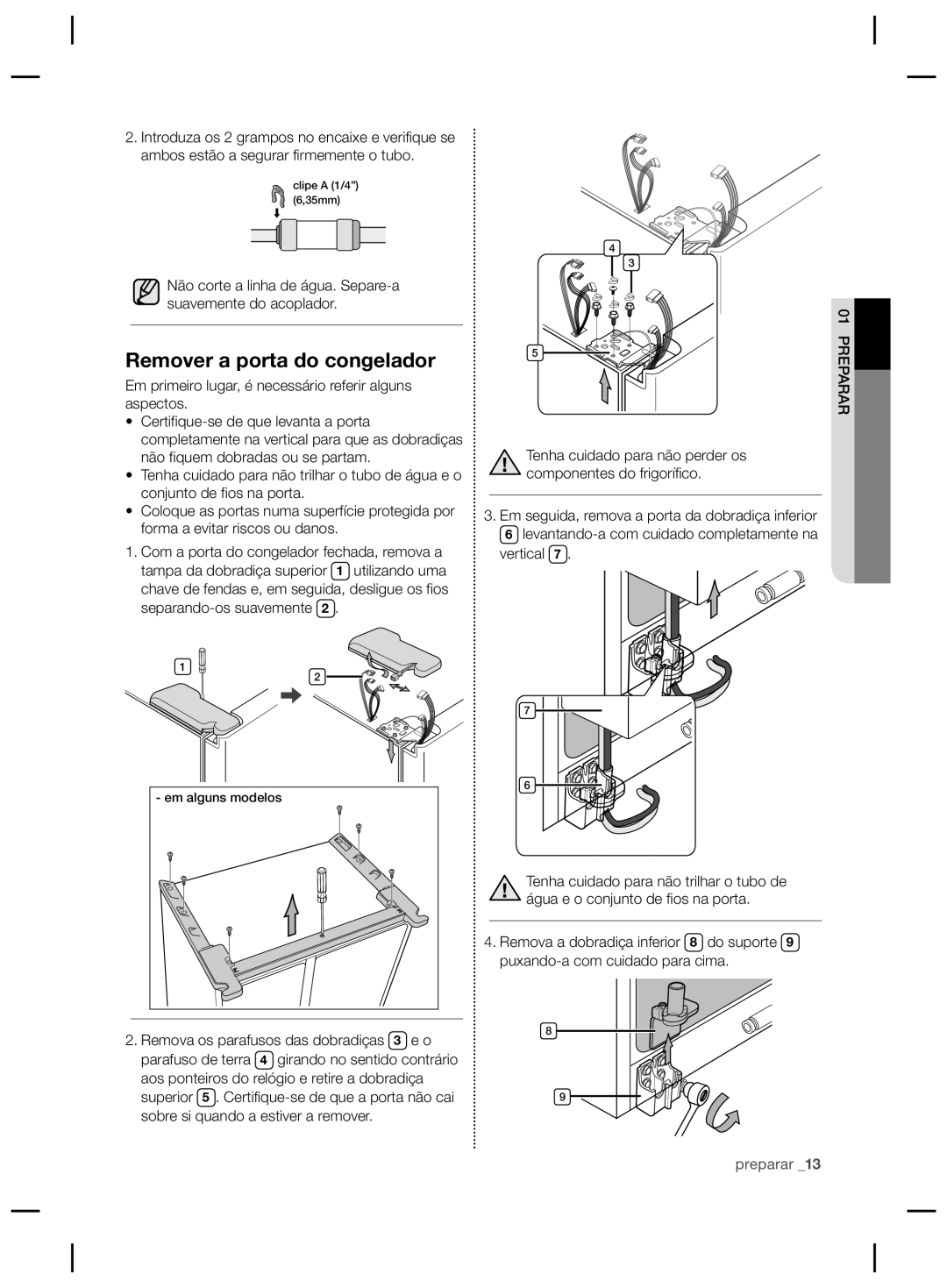 Samsung RSG5DURS1/XES, RSG5UCRS1/XES, RSG5PURS1/XEF, RSG5PURS1/XES, RSG5FURS1/XES Remover a porta do congelador, Vertical 