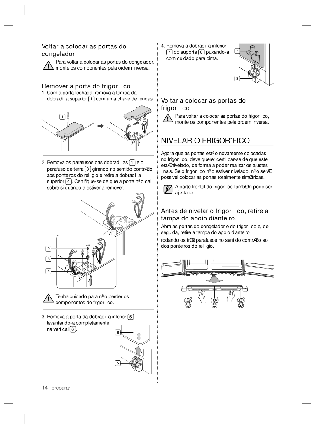 Samsung RSG5UCRS1/XES manual Nivelar O Frigorífico, Voltar a colocar as portas do congelador, Remover a porta do frigoríﬁco 