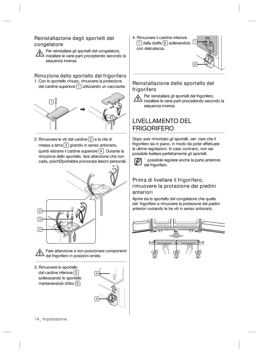 Samsung RSG5PURS1/XES, RSG5UCRS1/XES manual Livellamento DEL Frigorifero, Reinstallazione degli sportelli del congelatore 