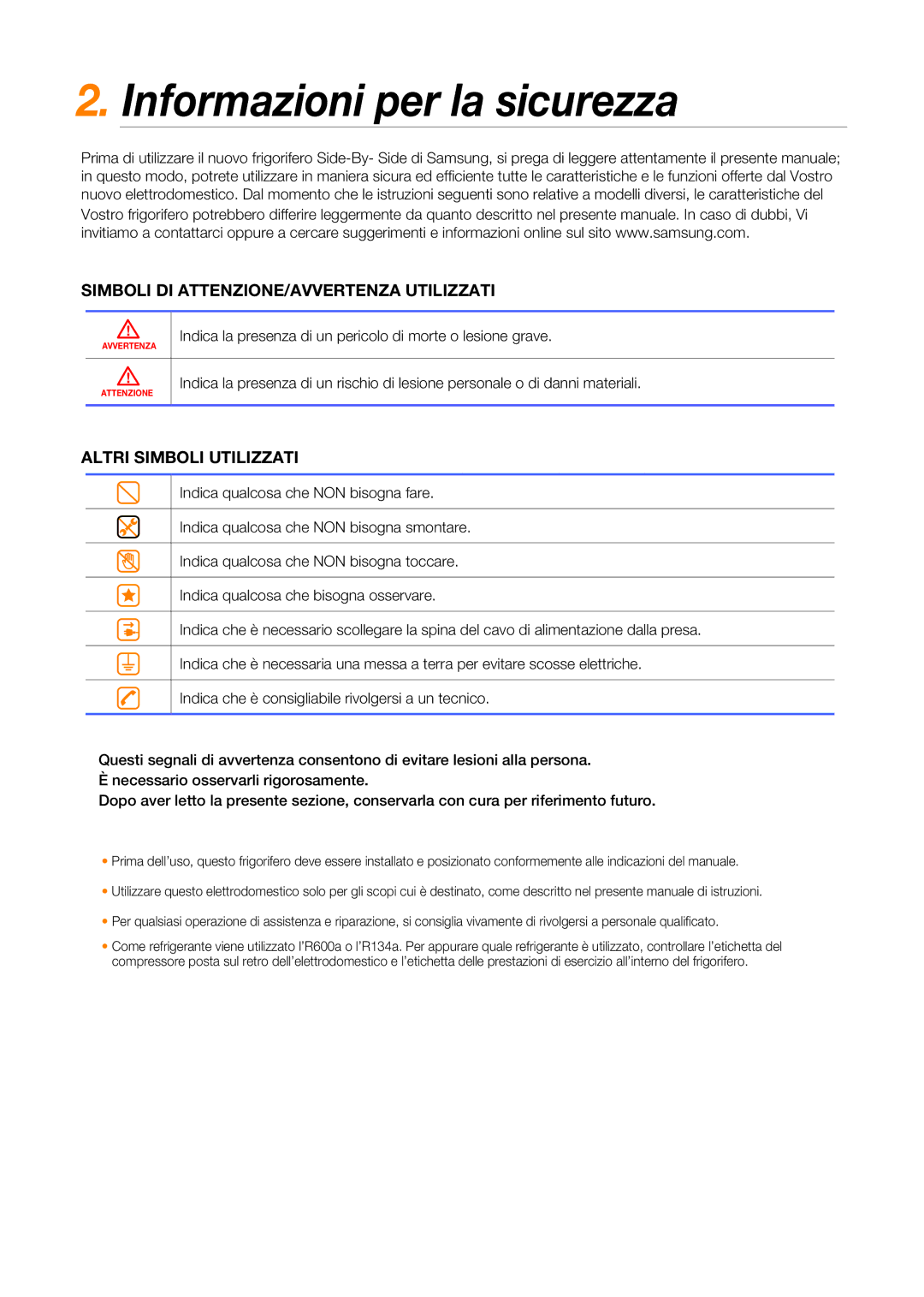 Samsung RSG5FURS1/XES, RSG5UCRS1/XES manual Informazioni per la sicurezza, Simboli DI ATTENZIONE/AVVERTENZA Utilizzati 