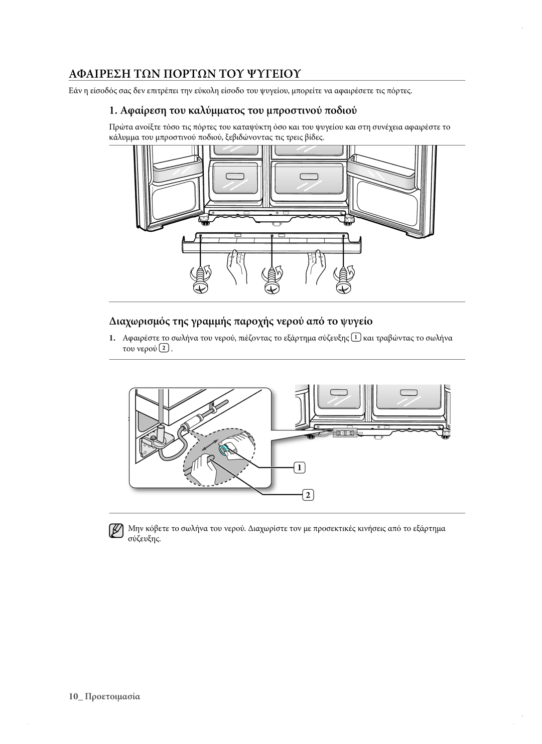 Samsung RSH3KBRS1/EUR, RSH1DTPE1/EUR manual Αφαιρεση ΤΩΝ Πορτων ΤΟΥ Ψυγειου, Αφαίρεση του καλύμματος του μπροστινού ποδιού 