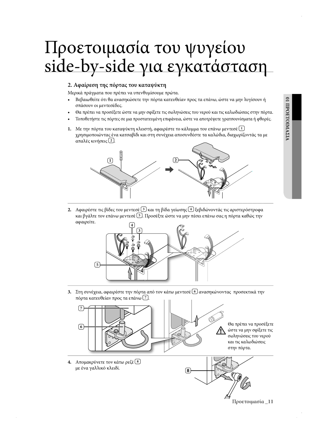 Samsung RSH3DBPE1/EUR, RSH1DTPE1/EUR, RSH1KERS1/EUR, RSH3KBRS1/EUR manual Αφαίρεση της πόρτας του καταψύκτη 