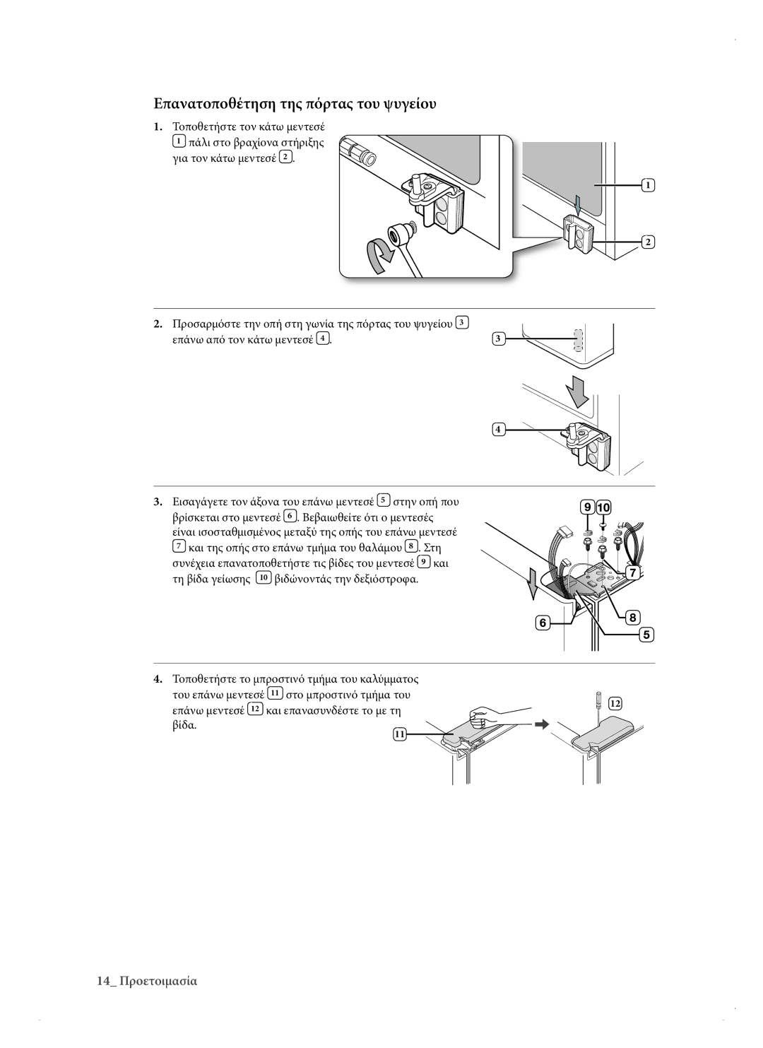 Samsung RSH3KBRS1/EUR, RSH1DTPE1/EUR, RSH1KERS1/EUR, RSH3DBPE1/EUR manual Επανατοποθέτηση της πόρτας του ψυγείου 