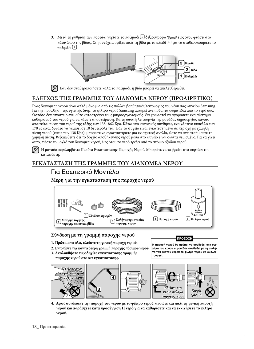 Samsung RSH3KBRS1/EUR manual Ελεγχοσ ΤΗΣ Γραμμησ ΤΟΥ Διανομεα Νερου Προαιρετικο, Εγκατασταση ΤΗΣ Γραμμησ ΤΟΥ Διανομεα Νερου 