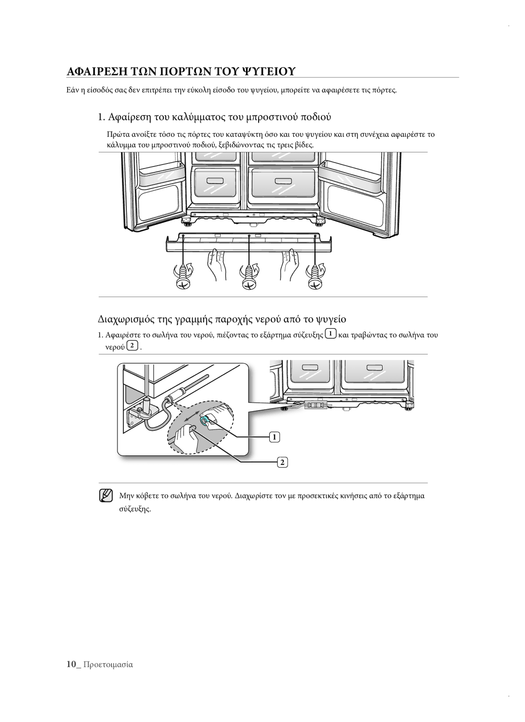 Samsung RSH1DTPE1/EUR, RSH3DBSW1/EUR manual Αφαιρεση ΤΩΝ Πορτων ΤΟΥ Ψυγειου, Αφαίρεση του καλύμματος του μπροστινού ποδιού 