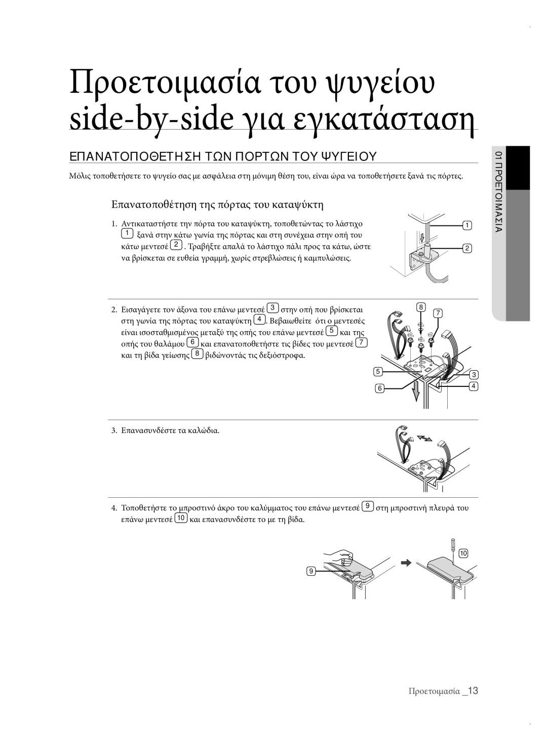 Samsung RSH1DTIS1/EUR, RSH1DTPE1/EUR manual Επανατοποθετηση ΤΩΝ Πορτων ΤΟΥ Ψυγειου, Επανατοποθέτηση της πόρτας του καταψύκτη 