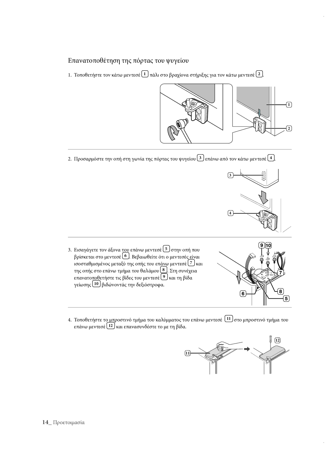 Samsung RSH3DBPE1/EUR, RSH1DTPE1/EUR, RSH3DBSW1/EUR, RSH3DBIS1/EUR, RSH1DTIS1/EUR manual Επανατοποθέτηση της πόρτας του ψυγείου 