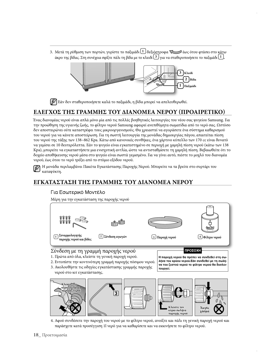 Samsung RSH1DTIS1/EUR manual Ελεγχοσ ΤΗΣ Γραμμησ ΤΟΥ Διανομεα Νερου Προαιρετικο, Εγκατασταση ΤΗΣ Γραμμησ ΤΟΥ Διανομεα Νερου 