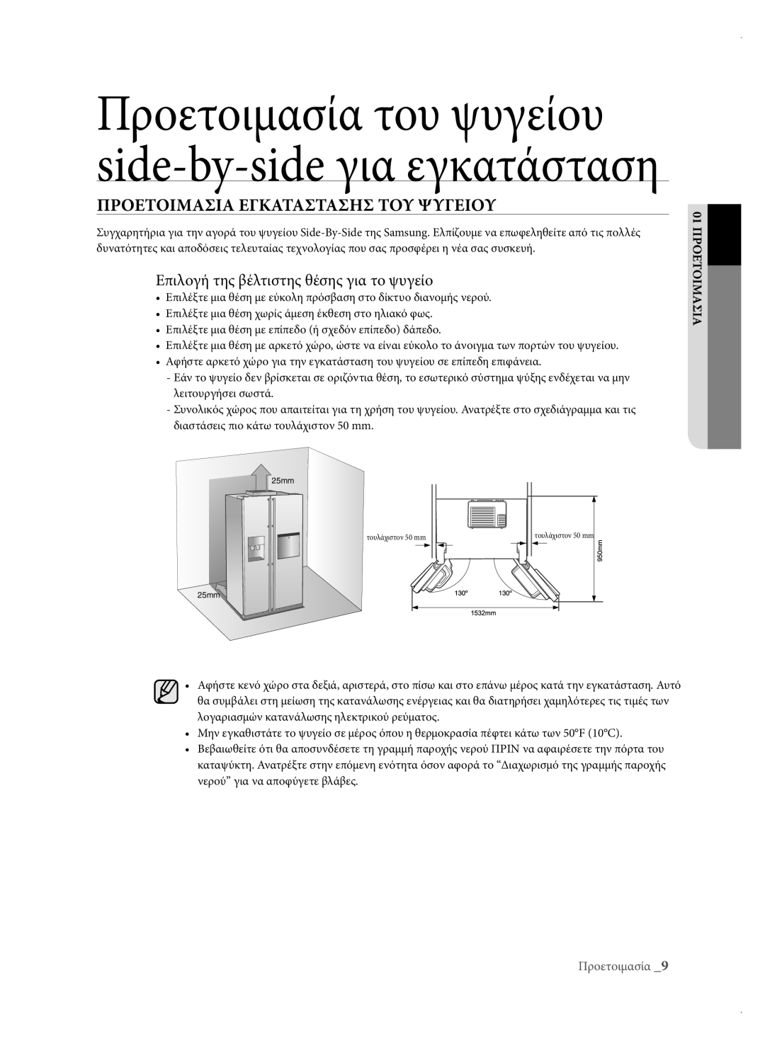 Samsung RSH3DBPE1/EUR, RSH1DTPE1/EUR manual Προετοιμασια Εγκαταστασησ ΤΟΥ Ψυγειου, Επιλογή της βέλτιστης θέσης για το ψυγείο 