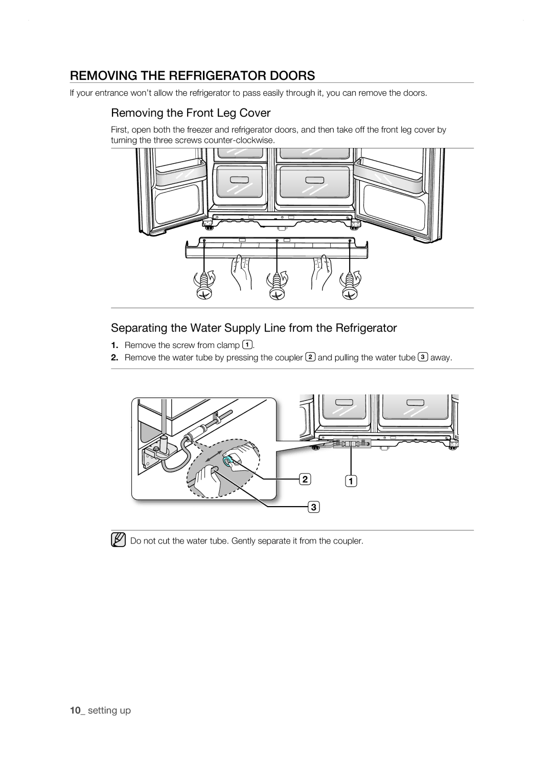 Samsung RSH1DTBP1/XEH, RSH1DTSW1/XEH, RSH1FTIS1/XEH manual Removing the refrigerator doors, Removing the Front Leg Cover 