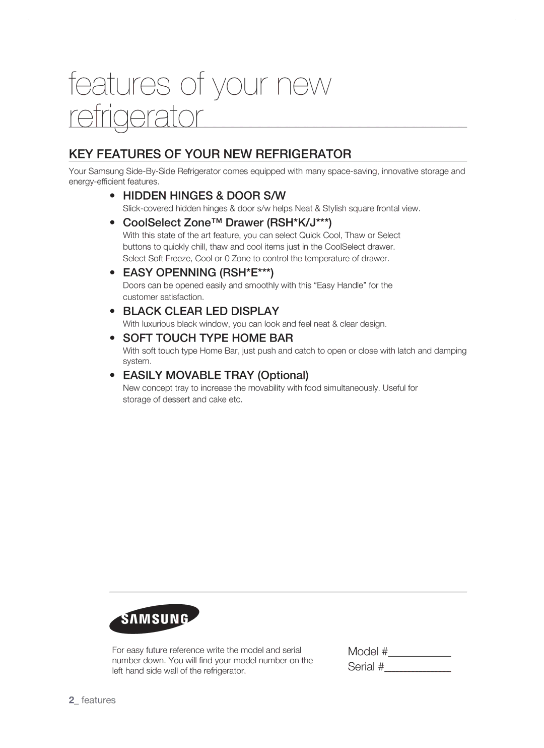 Samsung RSH1NTPE1/XEH Key features of your new refrigerator, CoolSelect Zone Drawer RSH*K/J, Easily Movable Tray Optional 