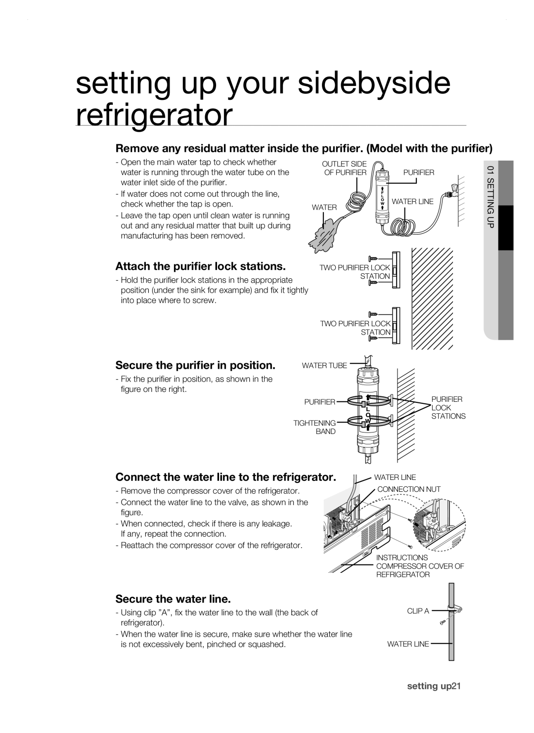 Samsung RSH1DTIS1/XEH manual Attach the purifier lock stations, Secure the purifier in position, Secure the water line 