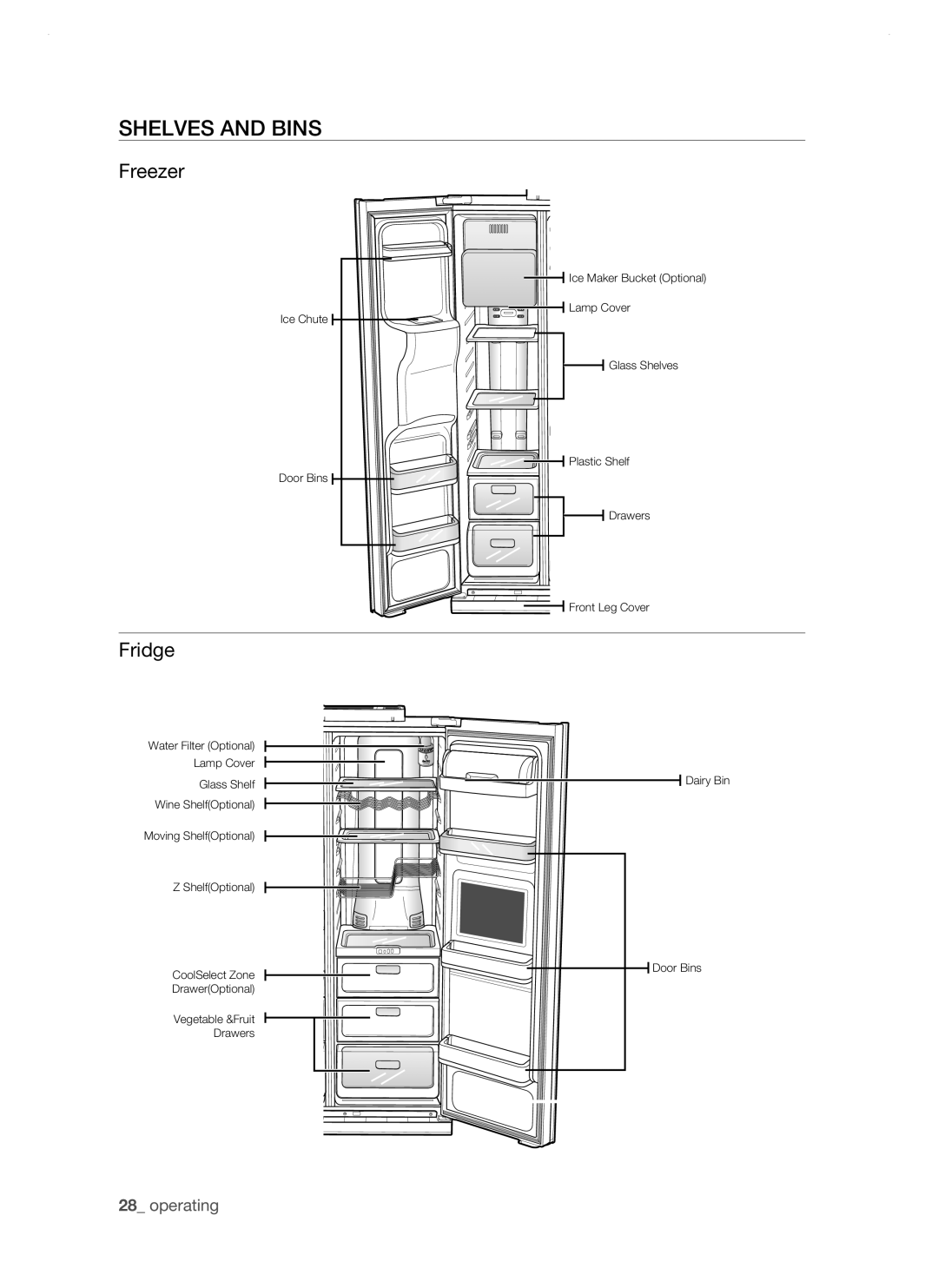 Samsung RSH1DTBP1/XEH, RSH1DTSW1/XEH, RSH1FTIS1/XEH, RSH1NTPE1/XEH, RSH1DTIS1/XEH manual Shelves and bins, Freezer, Fridge 