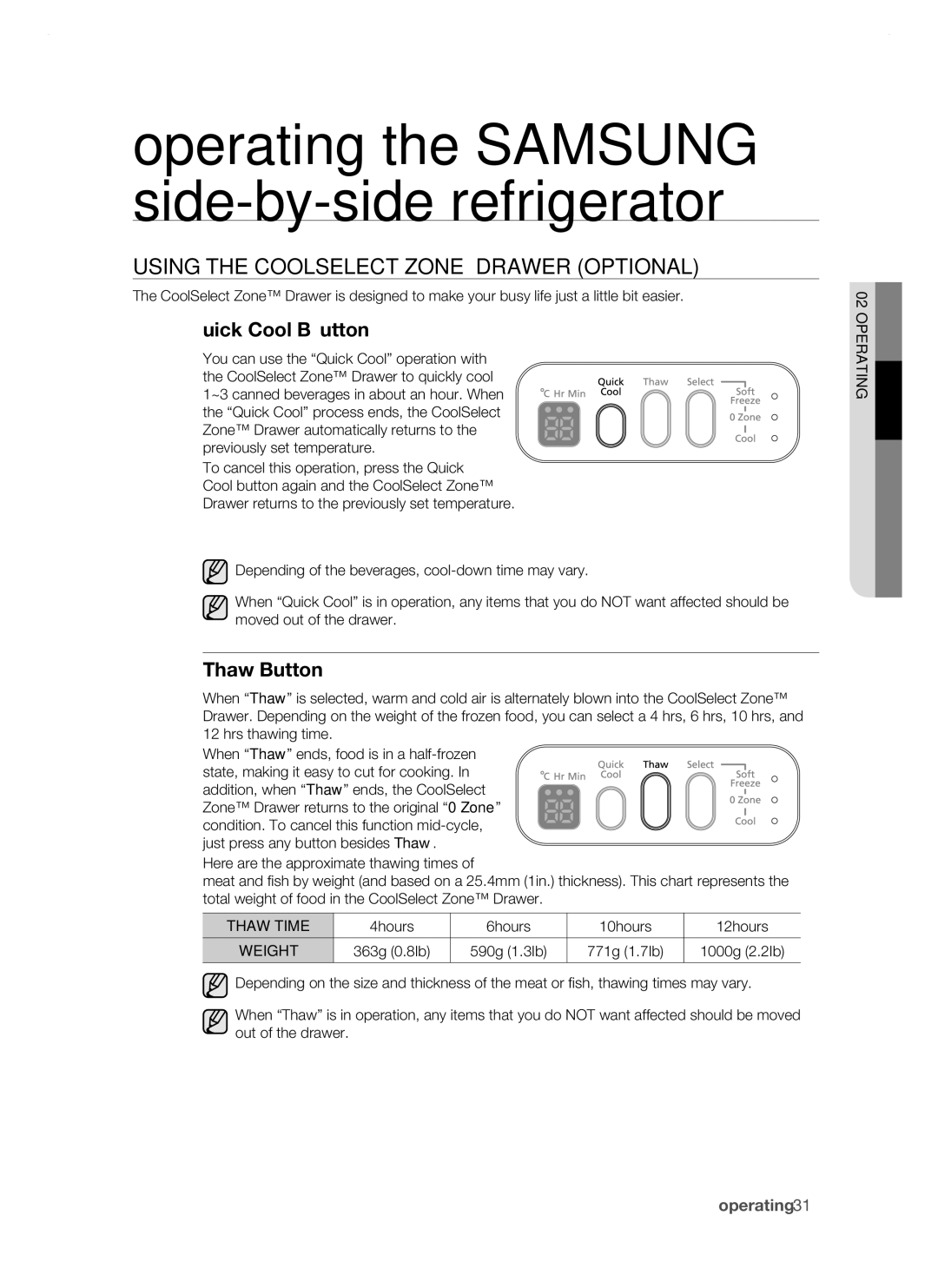 Samsung RSH1FTIS1/XEH, RSH1DTSW1/XEH manual Using the CoolSelect Zone Drawer Optional, Quick Cool Button, Thaw Button 