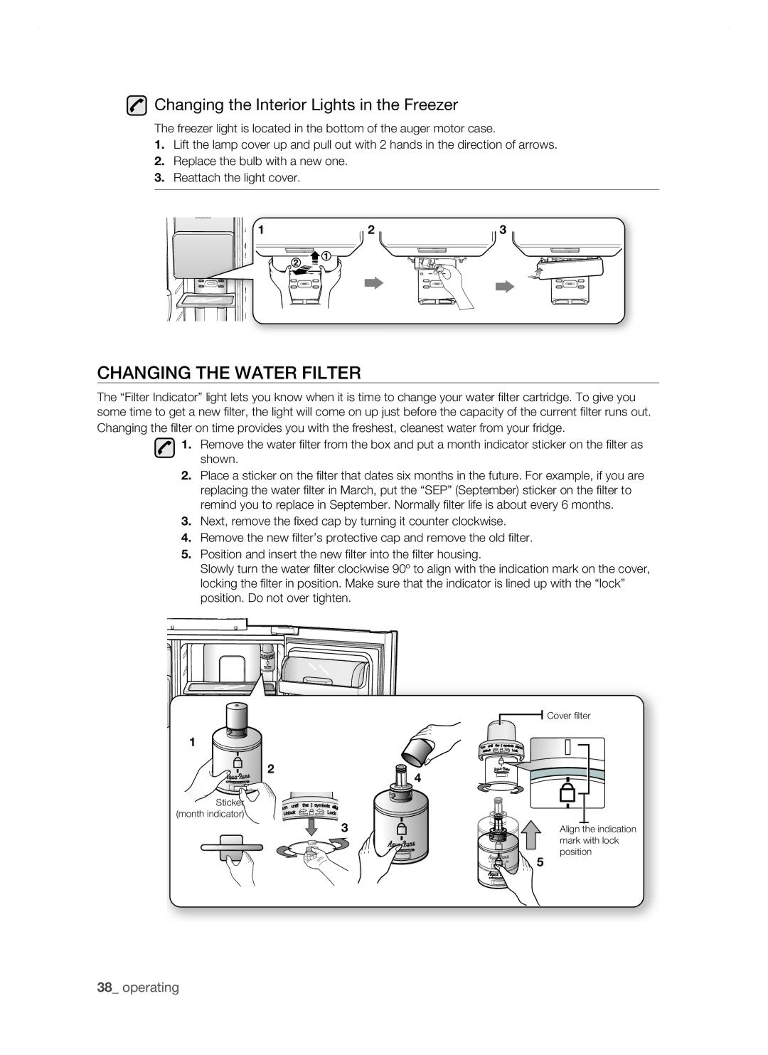 Samsung RSH1NTPE1/XEH, RSH1DTSW1/XEH, RSH1FTIS1/XEH Changing the water filter, Changing the Interior Lights in the Freezer 