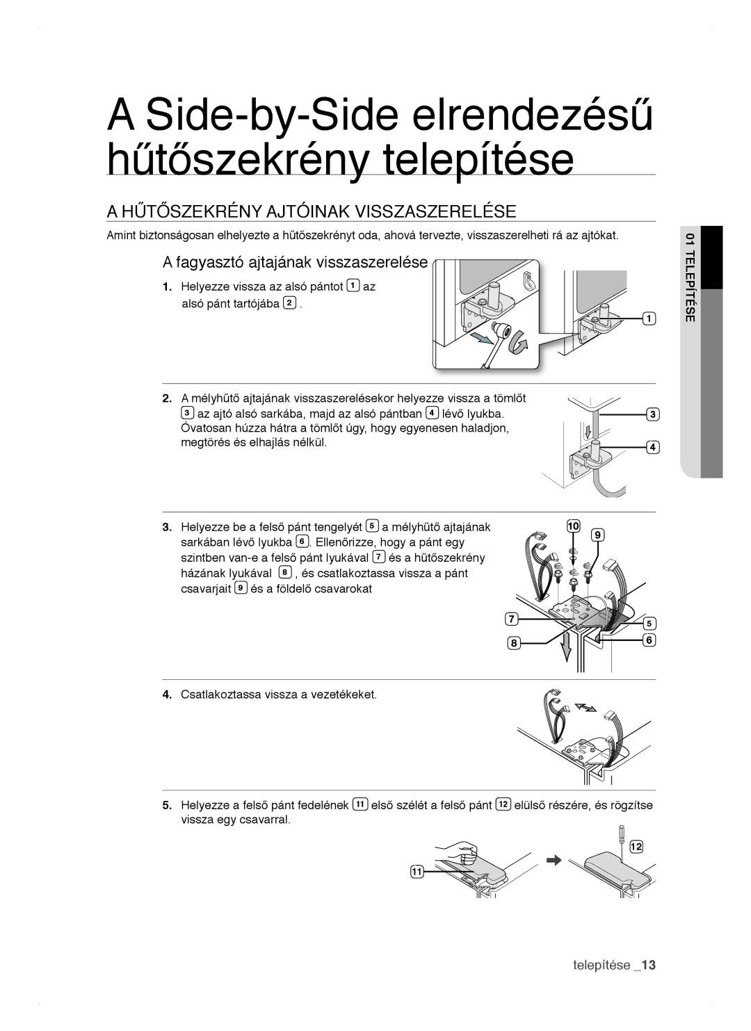 Samsung RSH1FTIS1/XEH, RSH1DTSW1/XEH manual Hűtőszekrény Ajtóinak Visszaszerelése, Fagyasztó ajtajának visszaszerelése 